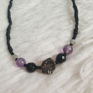 Crystal and Beaded Necklace with Raw Smoky Quartz, Black Onyx, Amethyst Quartz